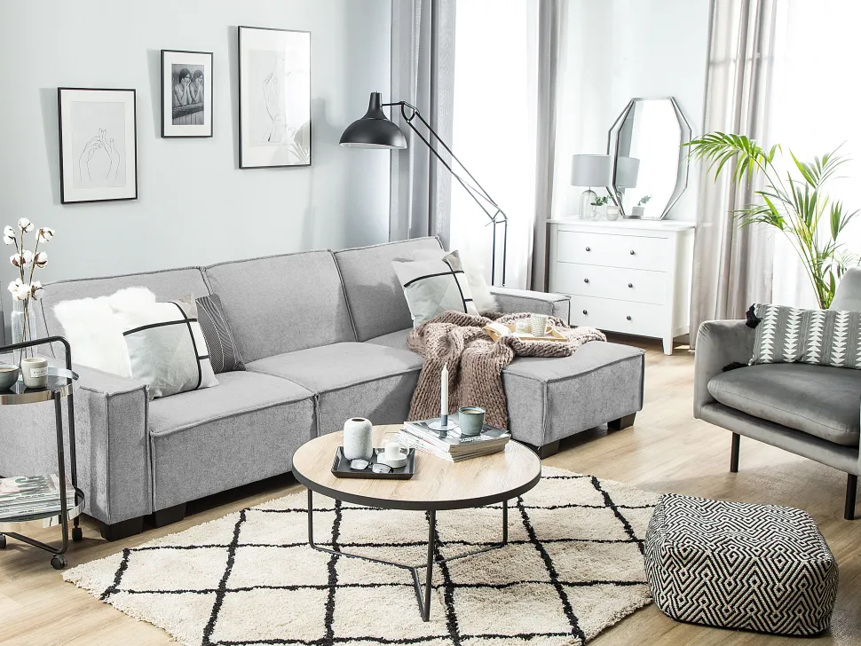 Left Hand Fabric Corner Sofa Bed Light Grey Romedal