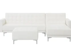 Left Hand Faux Leather Corner Sofa With Ottoman White Aberdeen