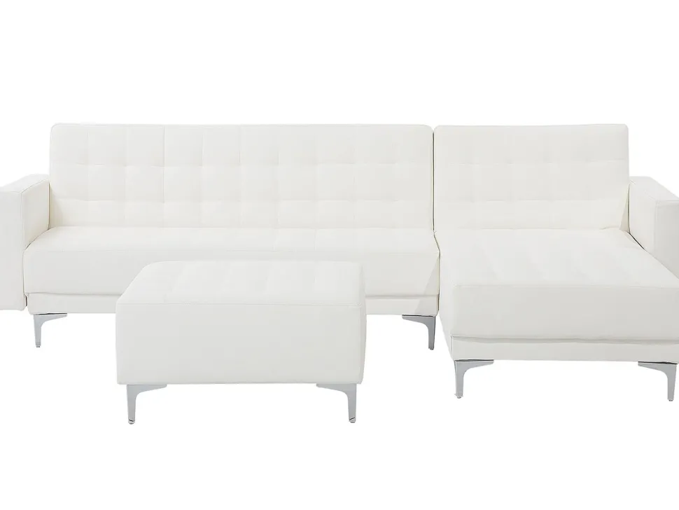 Left Hand Faux Leather Corner Sofa With Ottoman White Aberdeen