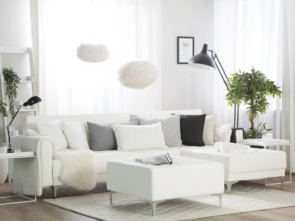 Left Hand Faux Leather Corner Sofa With Ottoman White Aberdeen