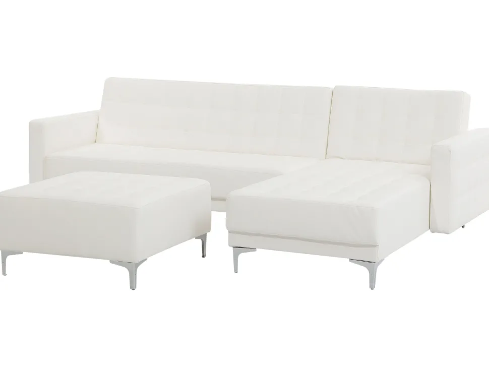 Left Hand Faux Leather Corner Sofa With Ottoman White Aberdeen