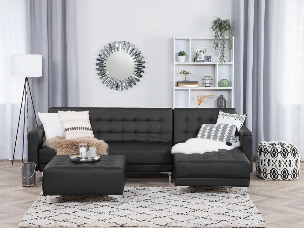 Left Hand Faux Leather Corner Sofa Black Aberdeen