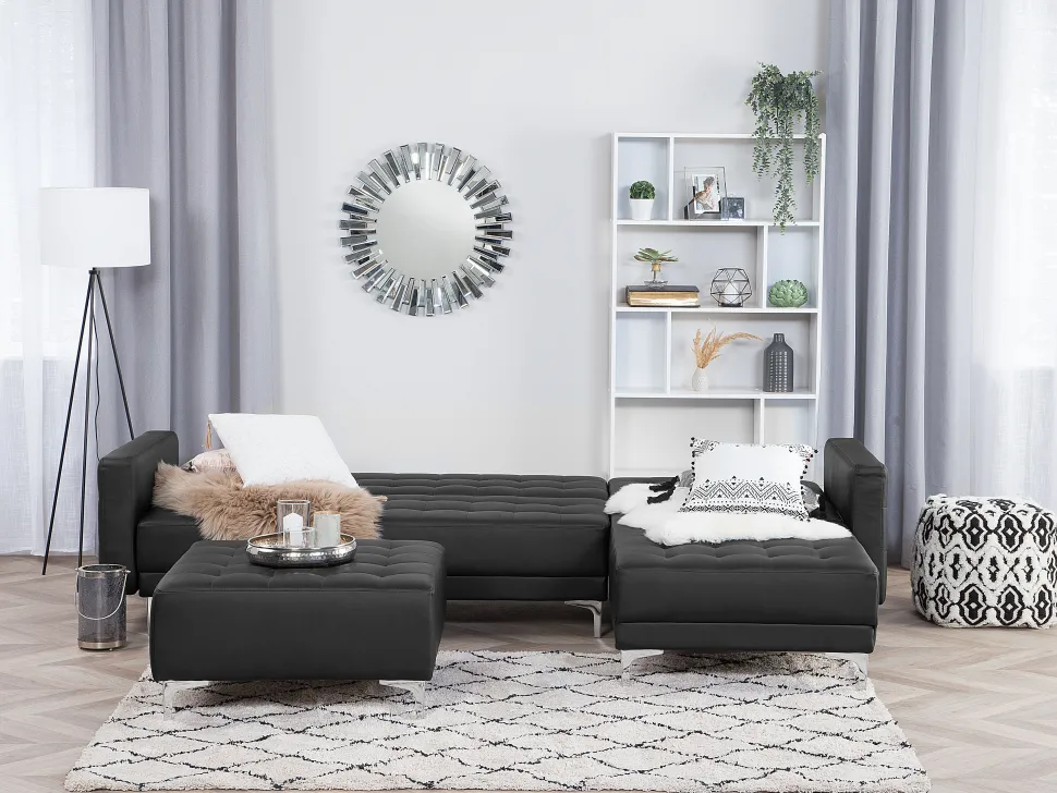 Left Hand Faux Leather Corner Sofa Black Aberdeen