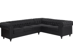 Left Hand Faux Leather Corner Sofa Black Chesterfield