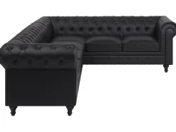 Left Hand Faux Leather Corner Sofa Black Chesterfield