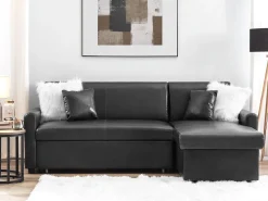 Left Hand Faux Leather Corner Sofa Bed With Storage Black Ogna