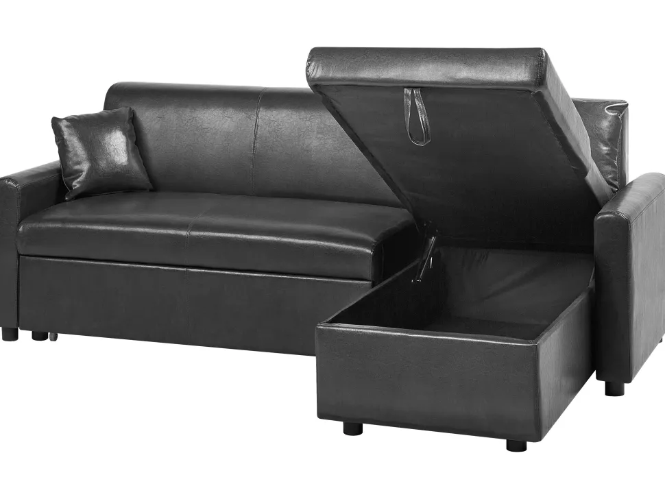 Left Hand Faux Leather Corner Sofa Bed With Storage Black Ogna
