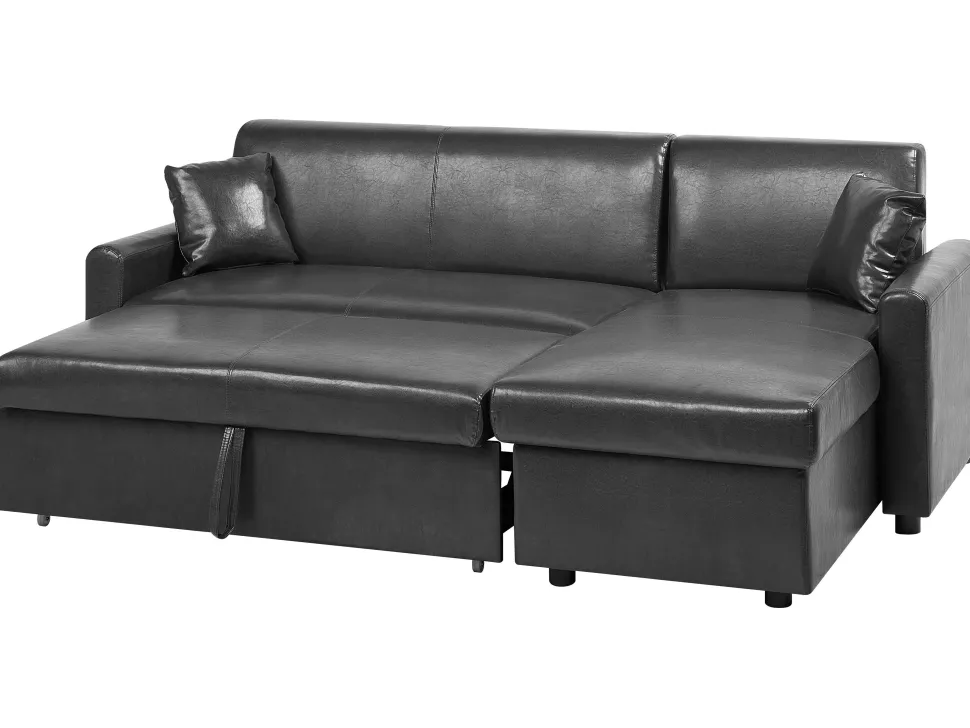 Left Hand Faux Leather Corner Sofa Bed With Storage Black Ogna