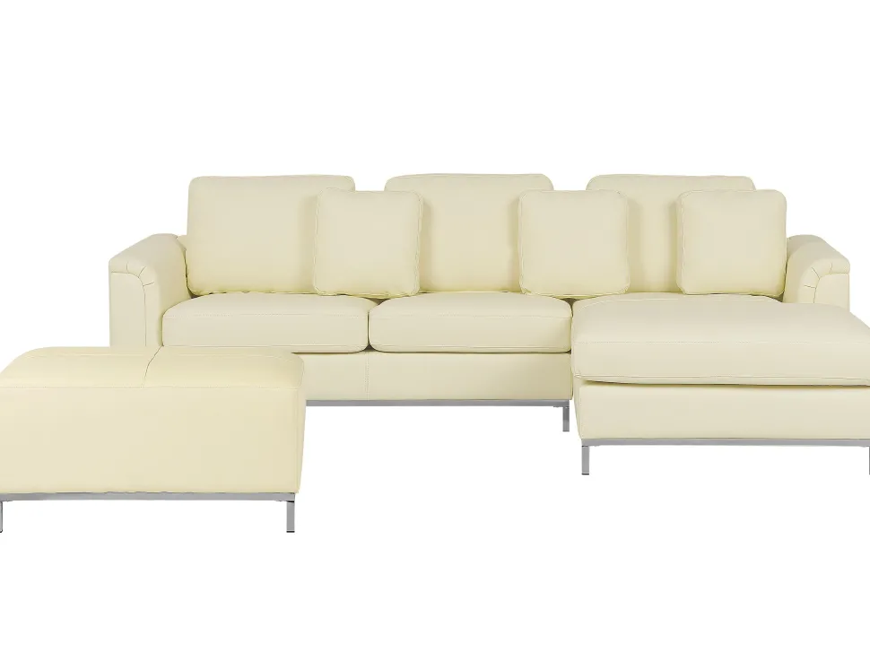 Left Hand Leather Corner Sofa With Ottoman Beige Oslo