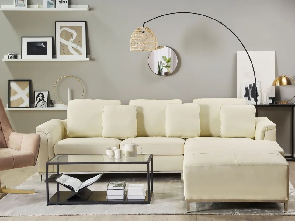 Left Hand Leather Corner Sofa With Ottoman Beige Oslo