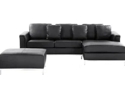 Left Hand Leather Corner Sofa With Ottoman Black Oslo