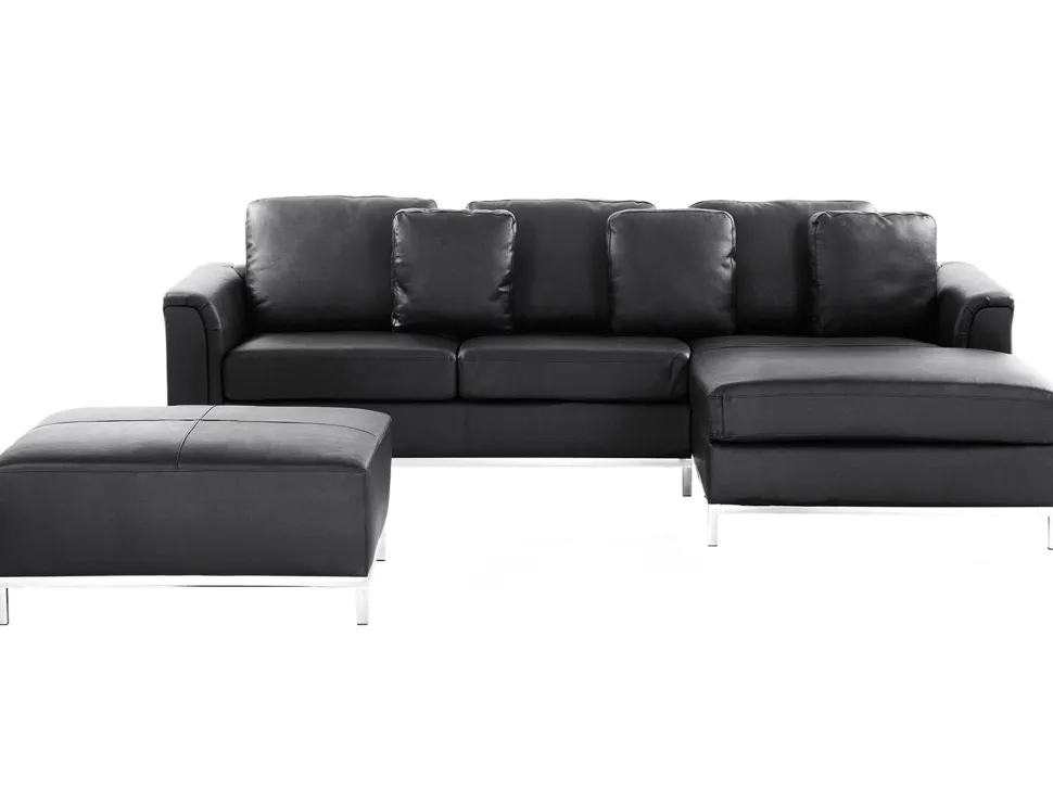 Left Hand Leather Corner Sofa With Ottoman Black Oslo