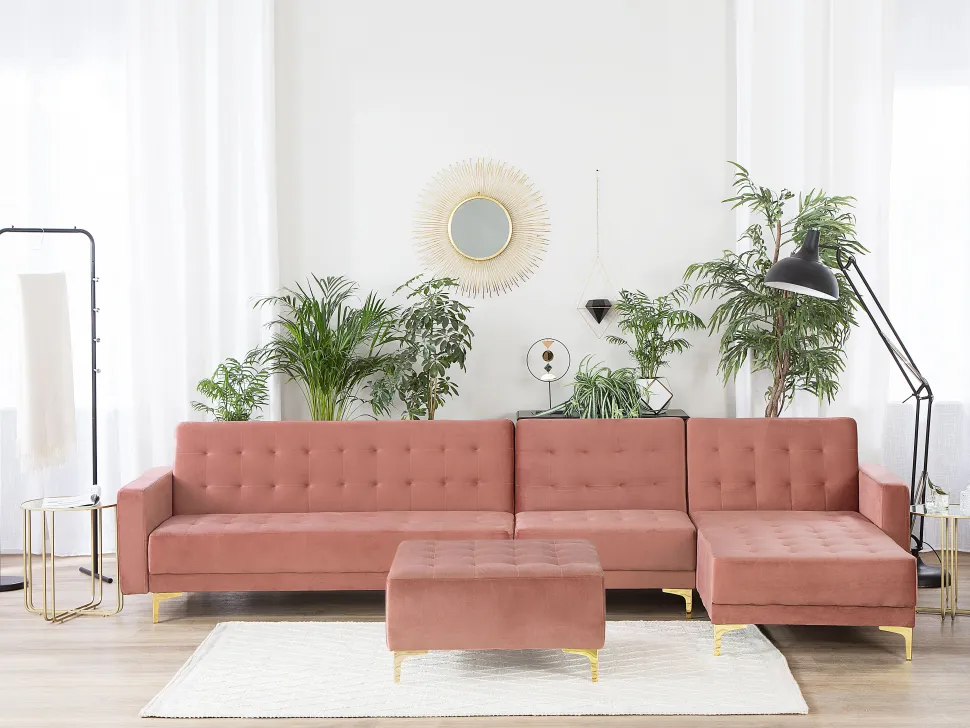 Left Hand Modular Velvet Sofa With Ottoman Pink Aberdeen