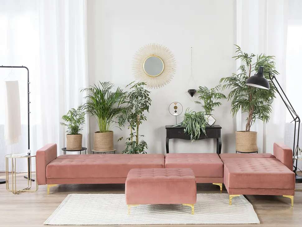 Left Hand Modular Velvet Sofa With Ottoman Pink Aberdeen