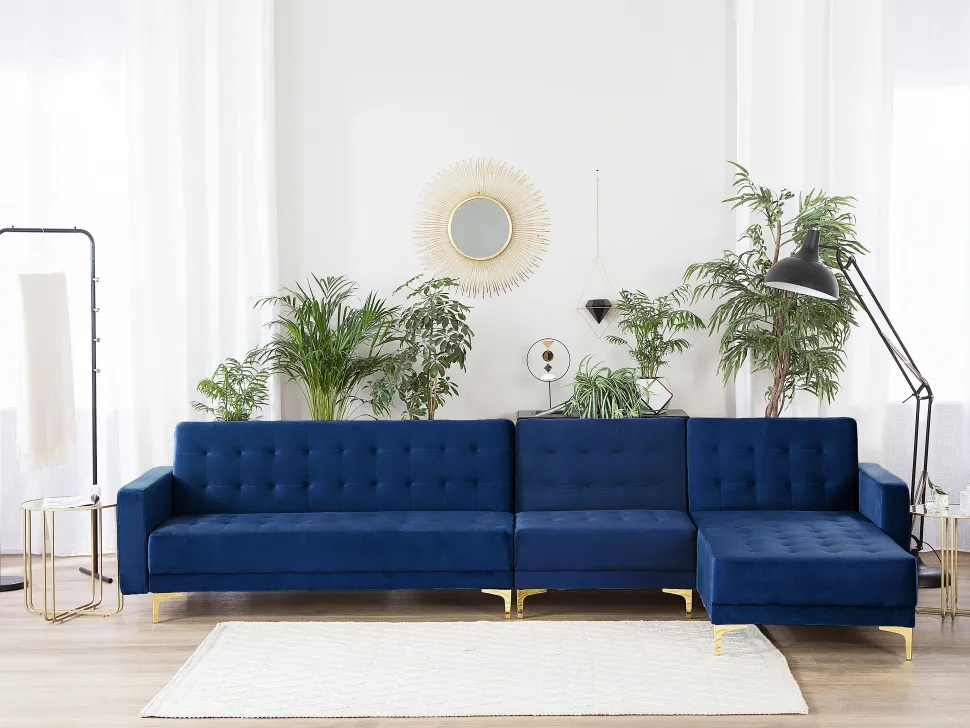 Left Hand Modular Velvet Sofa Navy Blue Aberdeen