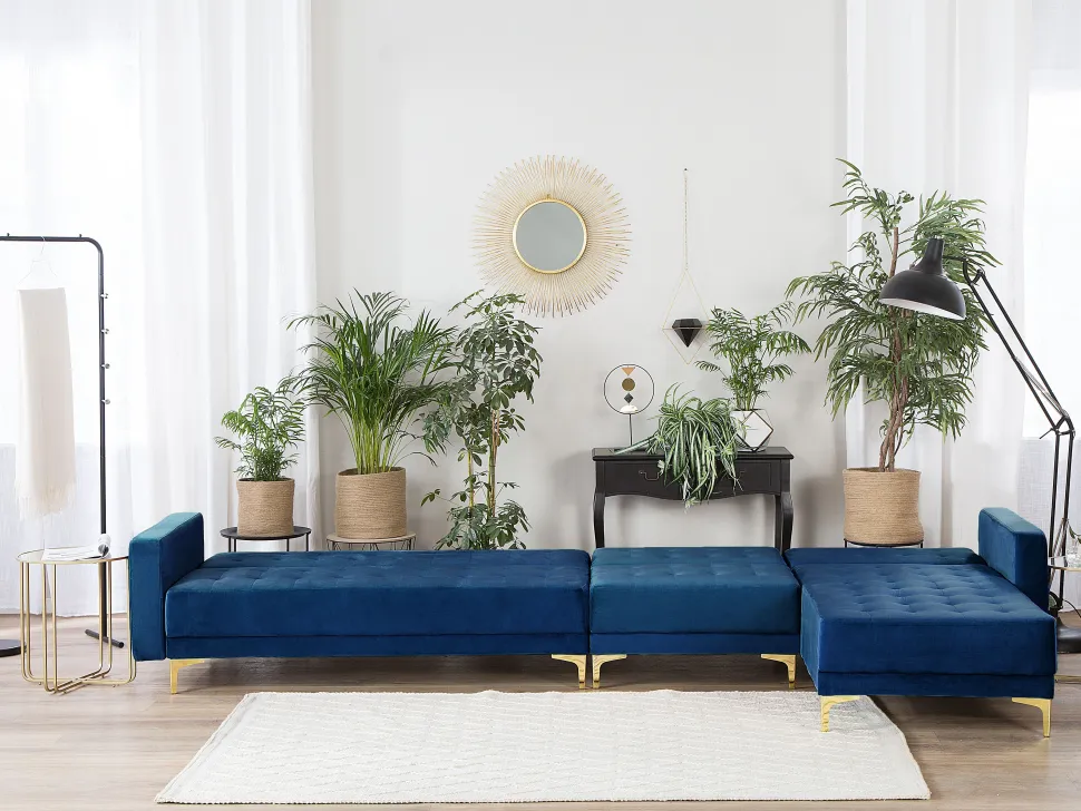 Left Hand Modular Velvet Sofa Navy Blue Aberdeen