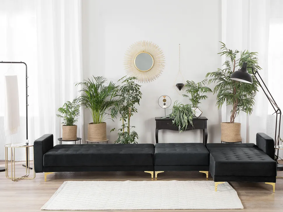 Left Hand Modular Velvet Sofa Black Aberdeen