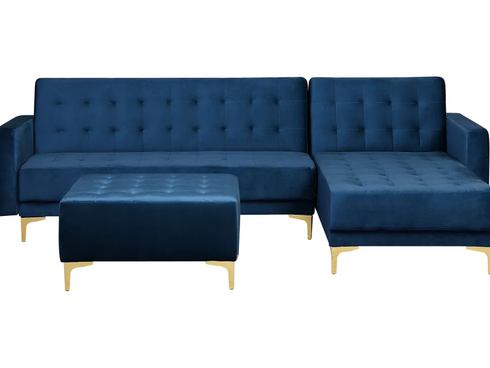 Left Hand Velvet Corner Sofa With Ottoman Navy Blue Aberdeen