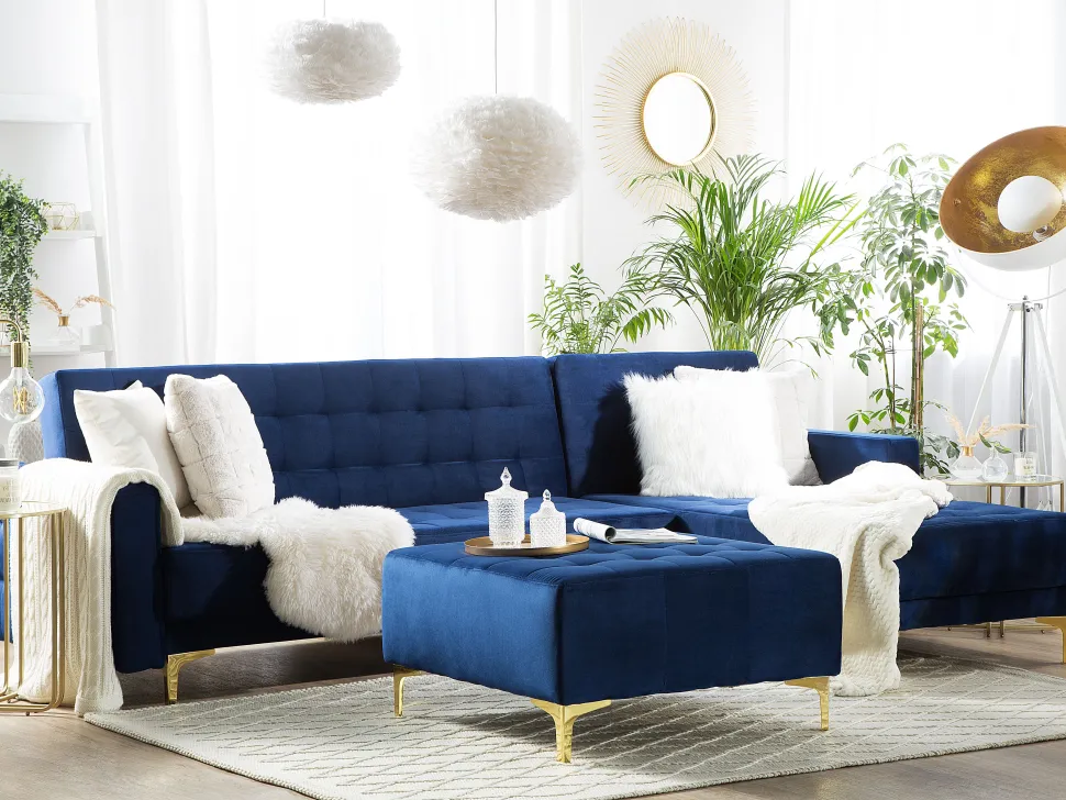 Left Hand Velvet Corner Sofa With Ottoman Navy Blue Aberdeen