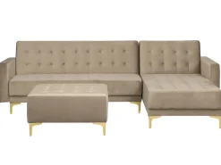 Left Hand Velvet Corner Sofa With Ottoman Sand Beige Aberdeen