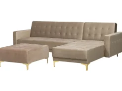 Left Hand Velvet Corner Sofa With Ottoman Sand Beige Aberdeen
