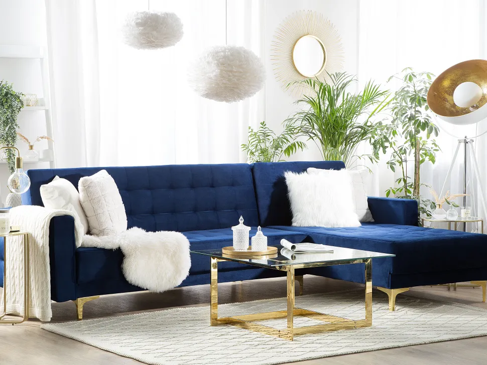 Left Hand Velvet Corner Sofa Navy Blue Aberdeen