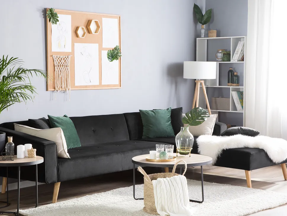 Left Hand Velvet Corner Sofa Bed Black Vadso