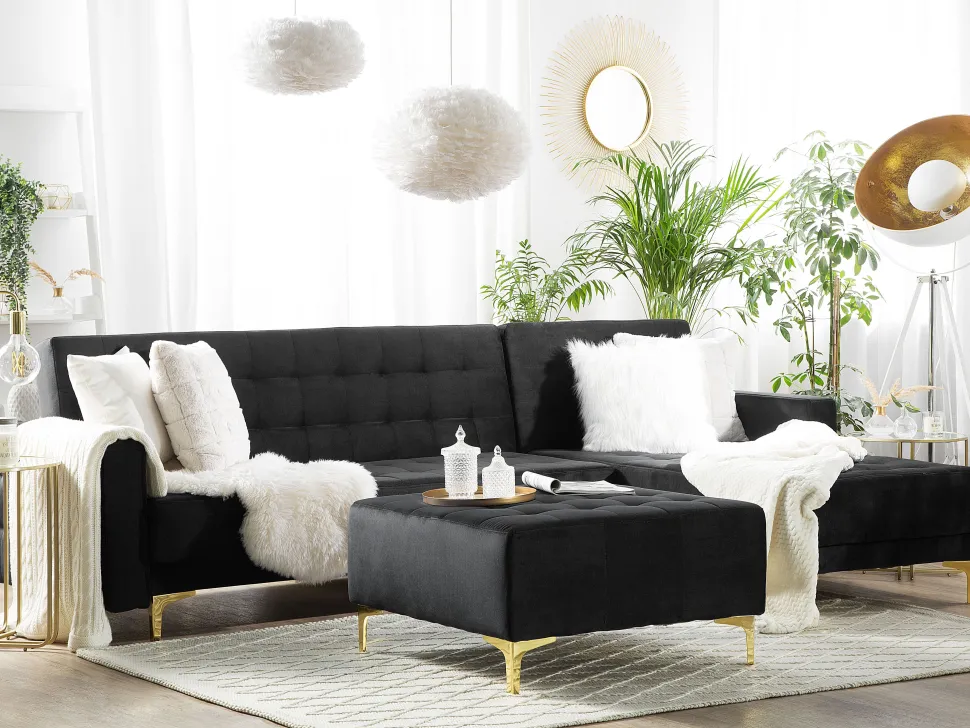 Left Hand Velvet Corner Sofa Black Aberdeen