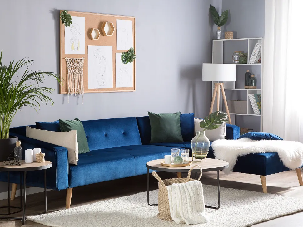 Left Hand Velvet Corner Sofa Bed Blue Vadso