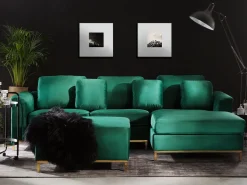 Left Hand Velvet Corner Sofa With Ottoman Emerald Green Oslo