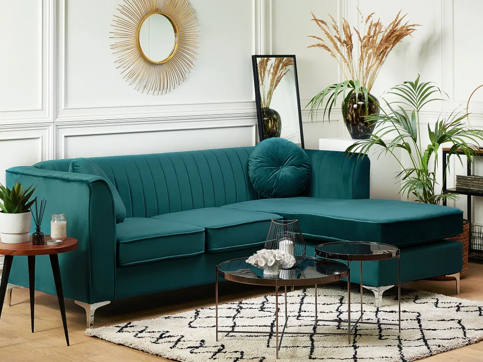 Left Hand Velvet Corner Sofa Emerald Green Timra