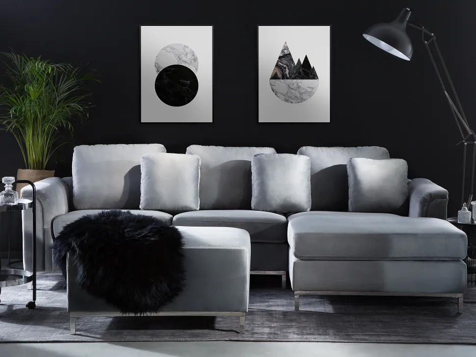 Left Hand Velvet Corner Sofa With Ottoman Light Grey Oslo