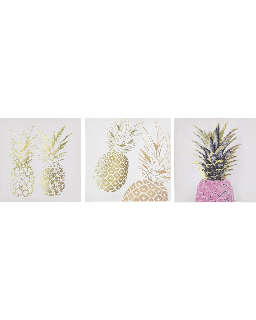 Leinwandbild Rosa / Gold Ananas-Motiv 3Er Set 30 X 30 Cm Apesika