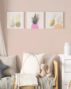 Leinwandbild Rosa / Gold Ananas-Motiv 3Er Set 30 X 30 Cm Apesika