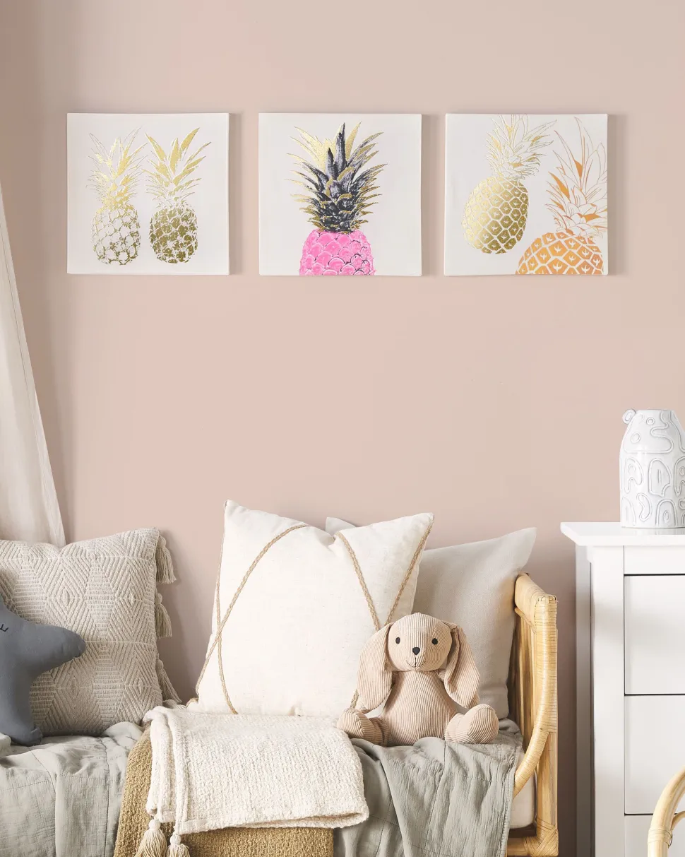 Leinwandbild Rosa / Gold Ananas-Motiv 3Er Set 30 X 30 Cm Apesika