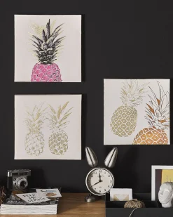 Leinwandbild Rosa / Gold Ananas-Motiv 3Er Set 30 X 30 Cm Apesika