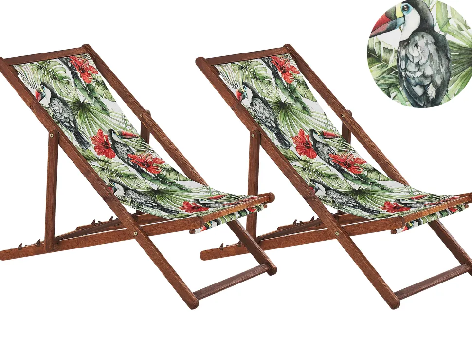 Liegestuhl Akazienholz Dunkelbraun Textil Weis / Mehrfarbig Tukanmotiv 2Er Set Anzio