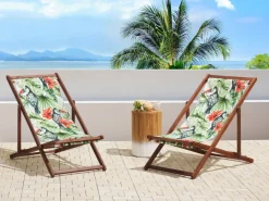 Liegestuhl Akazienholz Dunkelbraun Textil Weis / Mehrfarbig Tukanmotiv 2Er Set Anzio