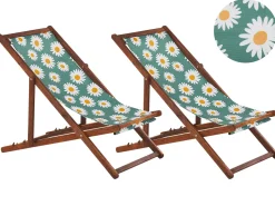 Liegestuhl Akazienholz Dunkelbraun Textil Weis / Mehrfarbig Kamillemuster 2Er Set Anzio