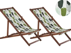 Liegestuhl Akazienholz Dunkelbraun Textil Grun / Weis Blattermotiv 2Er Set Anzio