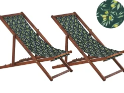 Liegestuhl Akazienholz Dunkelbraun Textil Weis / Grun Olivenzweigmotiv 2Er Set Anzio