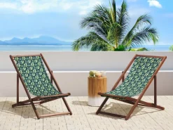 Liegestuhl Akazienholz Dunkelbraun Textil Weis / Grun Olivenzweigmotiv 2Er Set Anzio