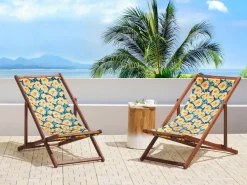 Liegestuhl Akazienholz Dunkelbraun Textil Weis / Mehrfarbig Blumenmuster 2Er Set Anzio