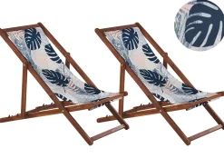 Liegestuhl Akazienholz Dunkelbraun Textil Weis / Mehrfarbig Blattermotiv 2Er Set Anzio