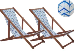 Liegestuhl Akazienholz Dunkelbraun Textil Weis / Blau Zickzack-Muster 2Er Set Anzio