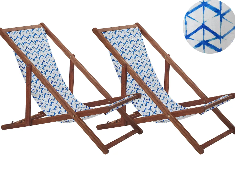 Liegestuhl Akazienholz Dunkelbraun Textil Weis / Blau Zickzack-Muster 2Er Set Anzio