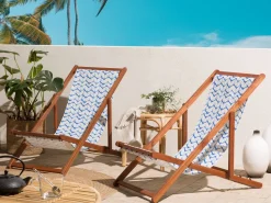 Liegestuhl Akazienholz Dunkelbraun Textil Weis / Blau Zickzack-Muster 2Er Set Anzio