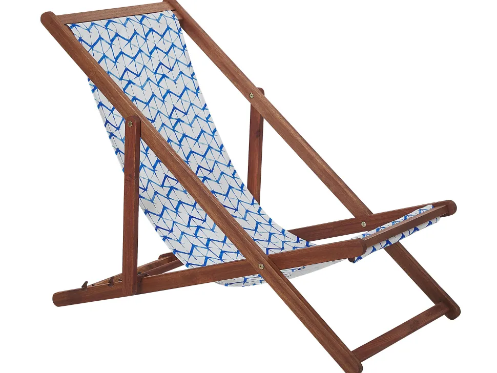 Liegestuhl Akazienholz Dunkelbraun Textil Weis / Blau Zickzack-Muster 2Er Set Anzio