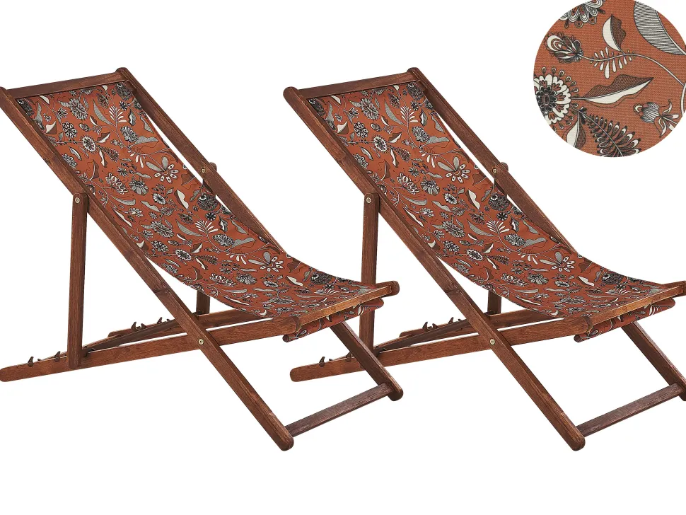 Liegestuhl Akazienholz Dunkelbraun Textil Weis / Rot Pflanzenmotiv 2Er Set Anzio