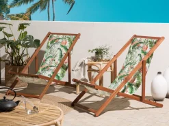 Liegestuhl Akazienholz Dunkelbraun Textil Weis / Bunt Flamingomuster 2Er Set Anzio